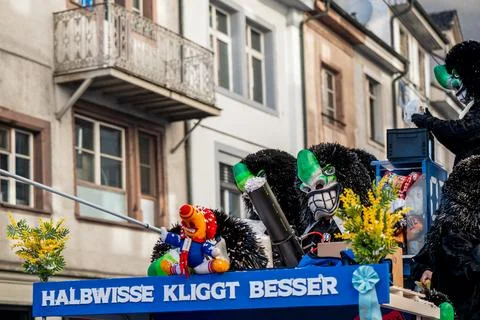 Carnival Float with Masked Characters at Basel Fasnacht Parade Switzerland Stock Photos