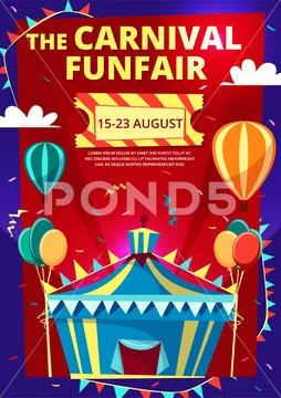 Carnival funfair vector cartoon illustration of circus invitation poster, banner Stock Illustration