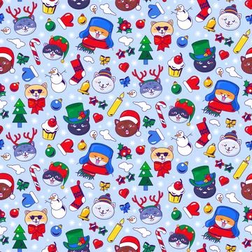 Carnival Funny Cat Faces Seamless Pattern Stock Illustration