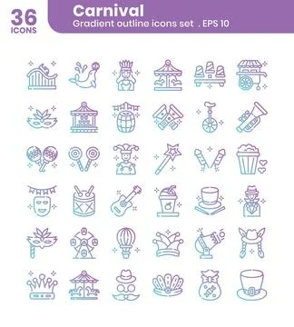 Carnival gradient outline icons set Stock Illustration