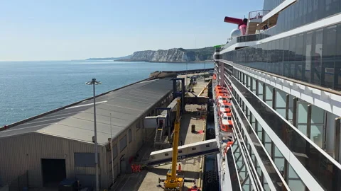 Carnival Legend at Dover Western Docks with Langdon Cliffs and English Channel Stock Footage 346798710