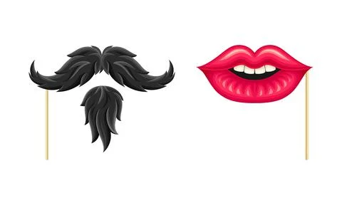 Carnival or masquerade party objects set. Moustache, beard and lips cartoon Stock Illustration