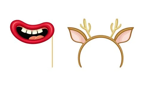 Carnival or masquerade party objects set. Red lips and headband with deer horns Stock Illustration