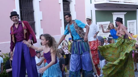 Carnival parade dancers bigheads and stilt walkers 5 of 9 Stock Footage 59295298