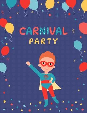 Carnival party poster with a boy dressed in a superhero costume. Stock-Illustration