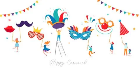 Carnival, party, Purim background with tiny, miniature people, families, kids Stock Illustration