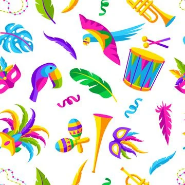 Carnival party seamless pattern with celebration icons, objects and decor. Mardi Stock-Illustration