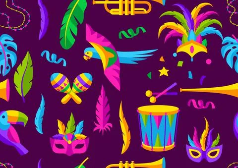 Carnival party seamless pattern with celebration icons, objects and decor. Mardi 스톡 일러스트