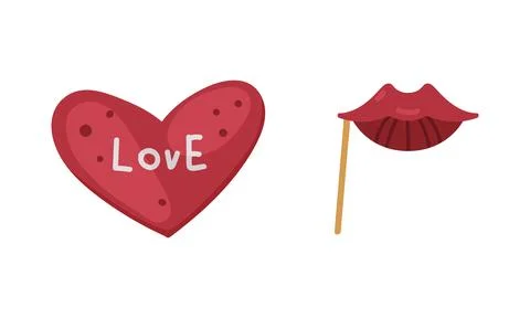 Carnival photo booth party objects set. Red heart and lips on stick cartoon Illustrazione stock