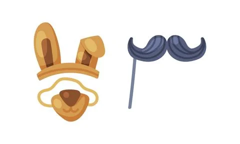 Carnival photo booth party objects set. Dogs nose and ears, moustache on stick 스톡 일러스트