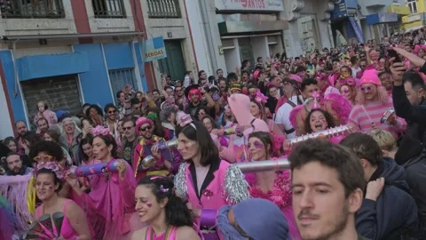Carnival procession with percussion group in Lisbon with Colombina Clandestina Stock Footage 325335324