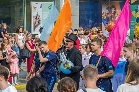 Carnival procession representatives of educational institutions Stock Photos