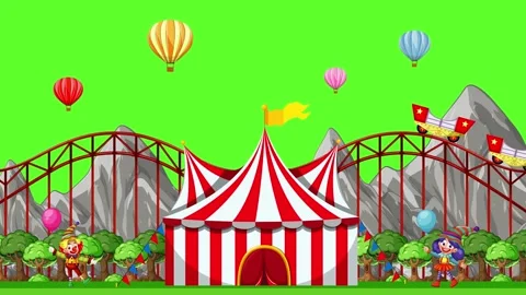 Carnival Scene with Roller Coaster and Hot Air Balloons on Green Screen Stock Footage 331345218