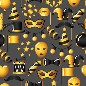 Carnival seamless pattern with gold icons and objects. Celebration party Illustrazione stock