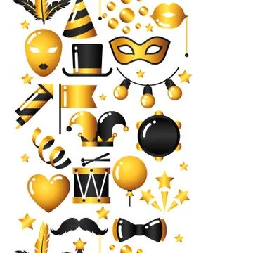 Carnival seamless pattern with gold icons and objects. Celebration party Stock Illustration