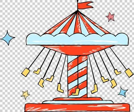 Carnival swing ride is spinning in flat style striped canopy and star shapes Stock Illustration