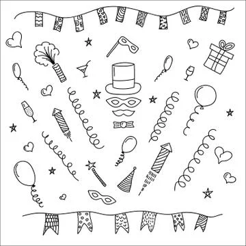 Carnival symbols collection - carnival masks, party decorations. Stock Illustration