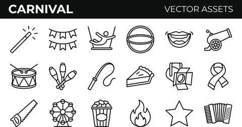 Carnival Vector Assets - Circus and Fairground Line Icons Set. Stock Illustration