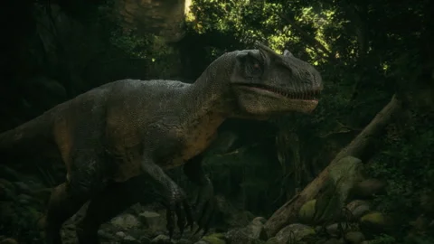 Carnivorous Dinosaur Stalking Through a Dense Forest Stock Footage 297451240