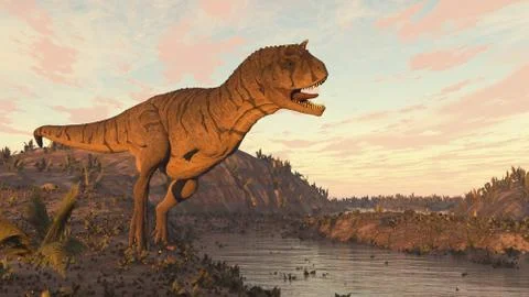 Carnotaurus dinosaur roaring at sunset - 3D render Stock Illustration