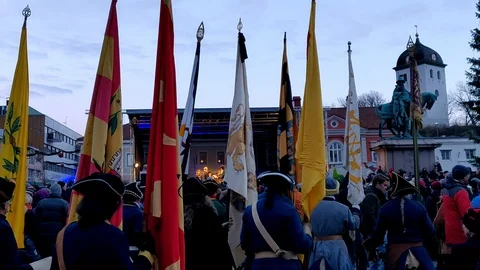 Carolean Soldier Lined Up With Flags, View from behind Stock Footage 101190101