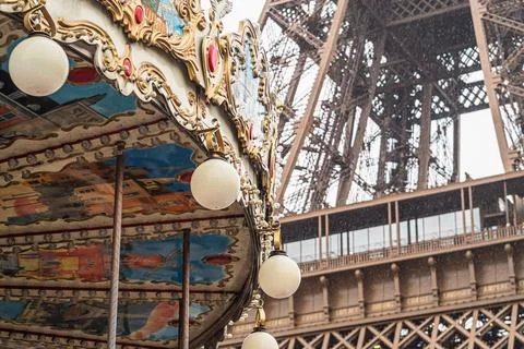 Carousel of the Eiffel Tower in autumn in the rain in Paris 1 Stock Photos