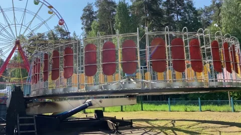 Carousel in entertainment park. Old-fashioned recreation area. Stock Footage 155492904