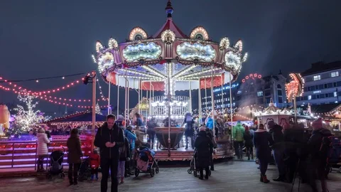 Carousel  hyperlapse on the Christmas marked in Zurich Stock Footage 86508079