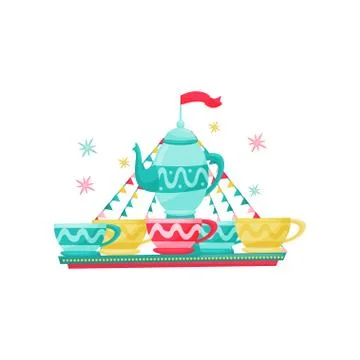 Carousel with large tea kettle and cups. Amusement park equipment. Entertainment Stock Illustration