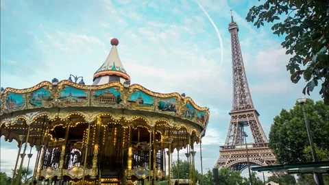 Carousel Near the Eiffel Tower in Paris Stock Footage 313918371