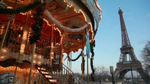 Carousel in night paris, illuminated eiffel tower in background, Paris, France. Stock Footage 878213