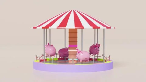 Carousel or merry go round with piggy bank isolated on pink background. 3d .. Video stock 273567338