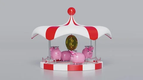 Carousel or merry go round with piggy bank, coin isolated on grey backgroun.. Stock Footage 274245299