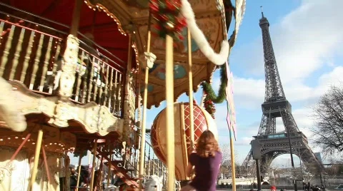 Carousel in paris, eiffel tower in background, Paris, France. Stock Footage 878161