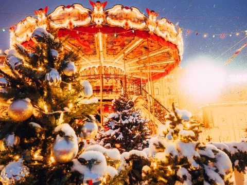 Carousel on Red Square decorated and arranged for Christmas New Year. Christmas Stock Photos