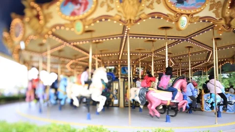Carousel in running,shot by Tilt-Shift lense Video stock 96048667