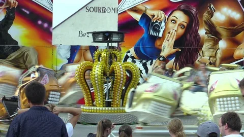 Carousel space ship multifunctional fun attraction modern tempting, people happy Stock Footage 103846159