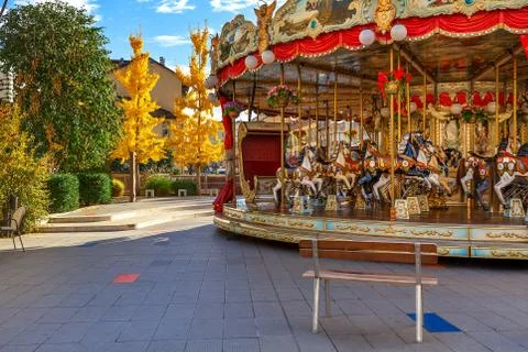 Carousel on town square in Alba. Stock Photos