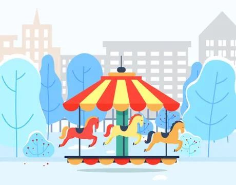 Carousel in Winter Park with Cityscape View Vector Stock Illustration