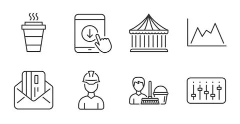 Carousels, Dj controller and Diagram icons set. Scroll down, Cleaning service Stock Illustration