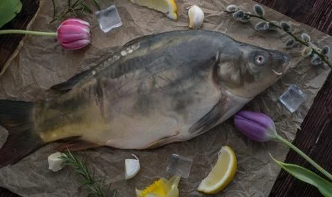 Carp for the festive Easter table with rosemary and lemon on crumpled paper. Stock Photos