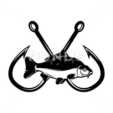 Carp fish with crossed fishing hooks. Design element for logo, emblem,  sign.. Illustration #234048828