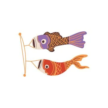 Carp streamer talisman, two koi fishes flag souvenir, vector Japanese Maneki Stock Illustration