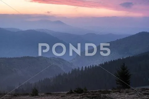 Carpathian Mountains landscape during a misty sunrise, Ranca, Oltenia Region, Stock Photos