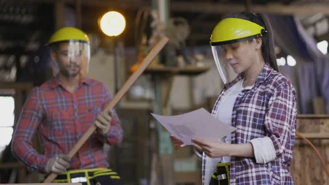 Carpenter and design team are Check quality the wood specification in furniture  Видео 147989404