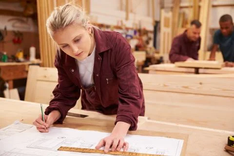 Carpenter With Apprentice Looking At Plans In Workshop Foto stock