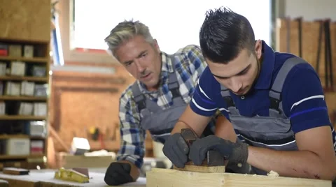 Carpenter with apprentice in training period Video stock 67558781