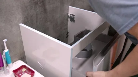 Carpenter assembling bathroom sink cabinet Stock Footage 304118298