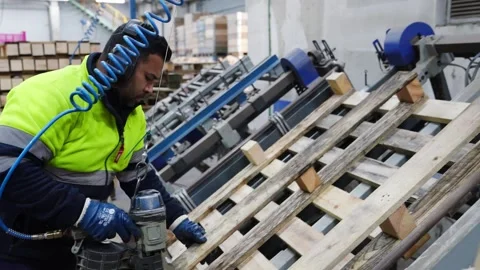 Carpenter assembling wooden pallets in slow motion Stock-Footage 313917991