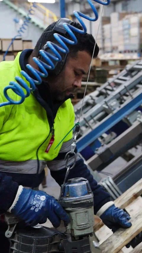 Carpenter assembling wooden pallets in slow motion Stock Footage 313924381
